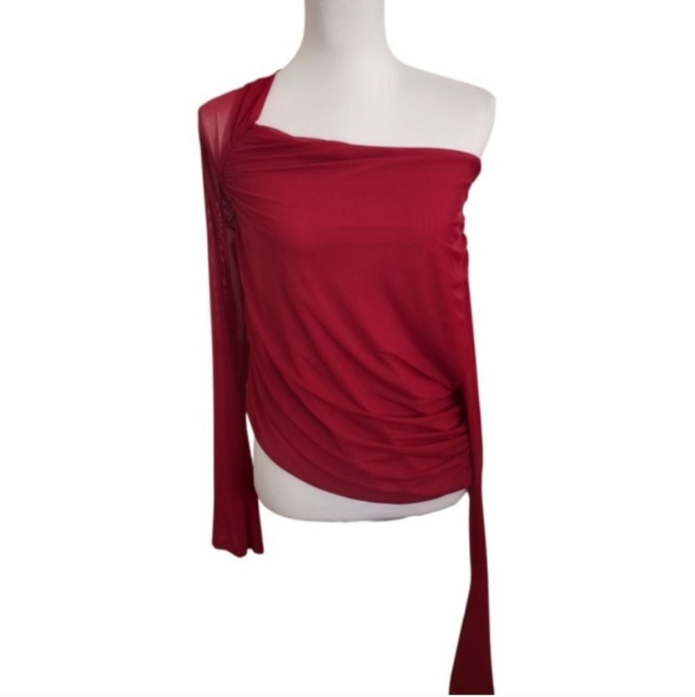 SHEIN Curve One-Shoulder Red Long Sleeve Top
